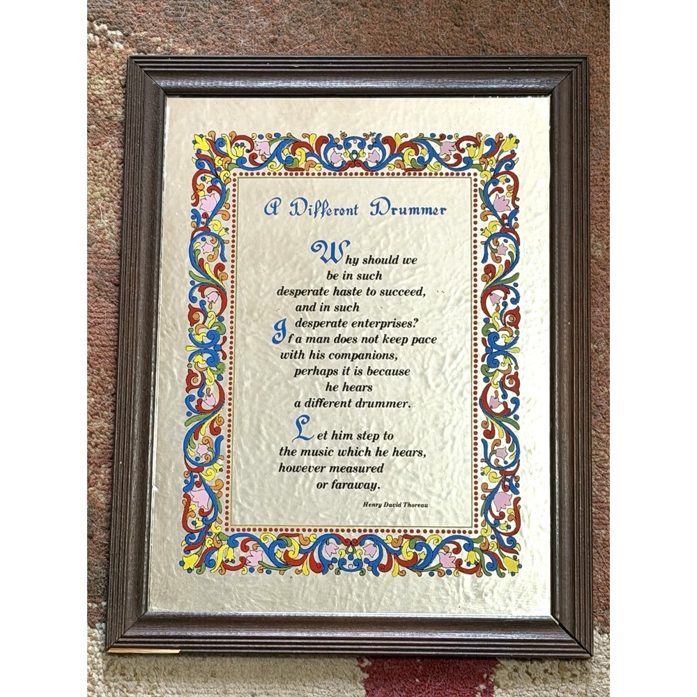 Vintage Framed Mirror with Poem "A DIFFERENT DRUMMER" by Henry David Thoreau